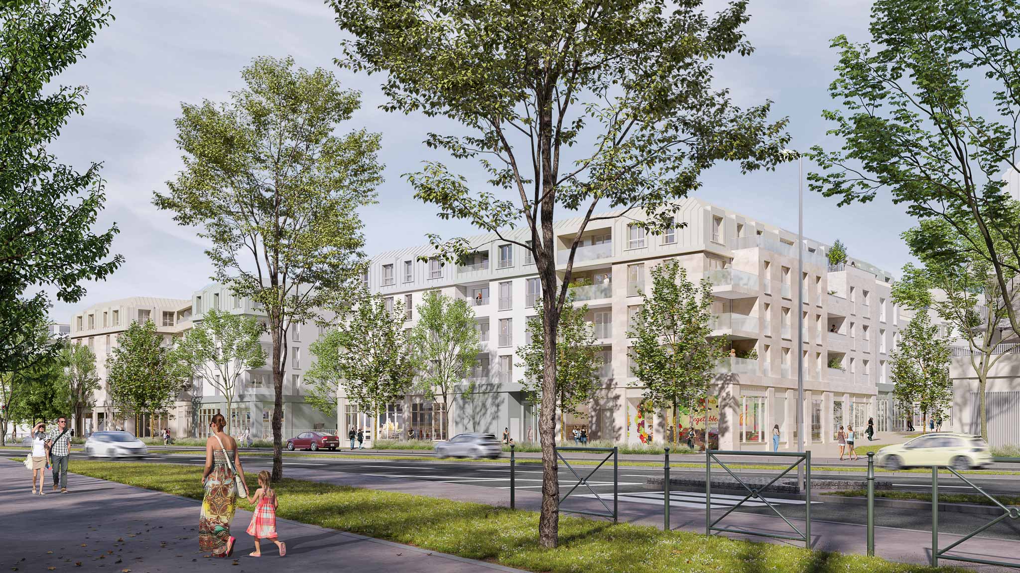 Perspective urbaine d'un ensemble de logements collectifs au Port-Marly (78), avec commerces en rez-de-chaussée, boulevard arboré, architecture contemporaine et espaces publics paysagers.